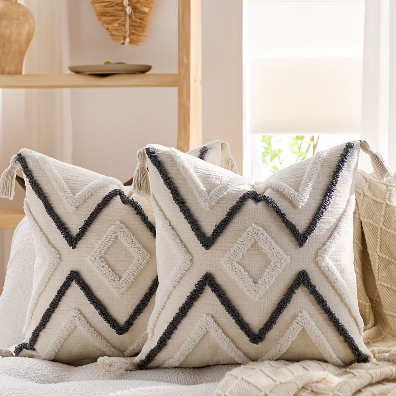 2pcs Bohemian Chunky Throw Pillows with Tassels - Beige & Golden Geometric Design, Zippered Polyester Cushions for Sofa, Bed, or Window Seat - Machine Washable, Decorative Pillows