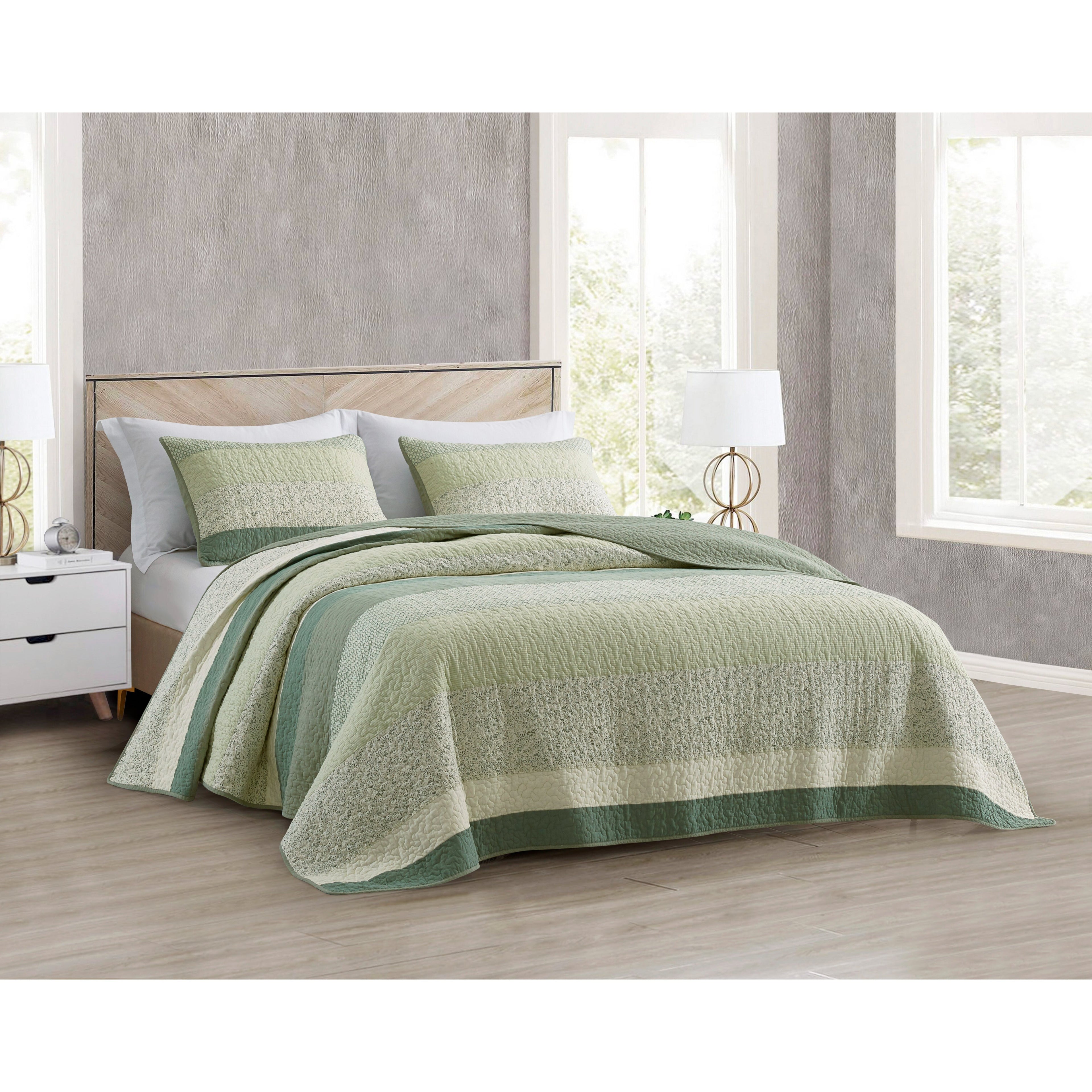 Chezmoi Collection Reed 2\u002F3-Piece Sage Green Floral Patchwork Stripe Cotton Quilt, Pre-Washed Reversible Lightweight Bedspread Set, Twin\u002FQueen\u002FKing\u002FOversized King\u002FSuper King Sizes - Holiday Bedding Gifts