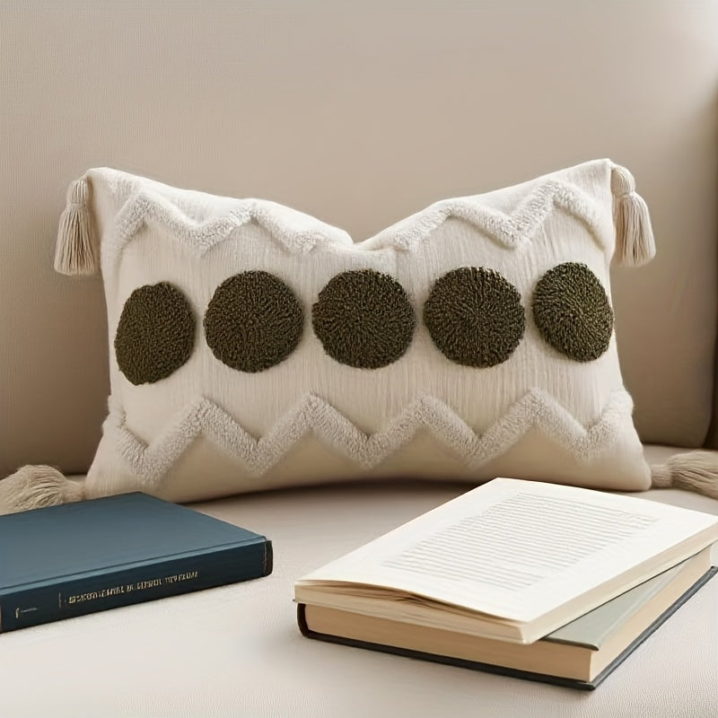 2pcs Bohemian Chunky Throw Pillows with Tassels - Beige & Golden Geometric Design, Zippered Polyester Cushions for Sofa, Bed, or Window Seat - Machine Washable, Decorative Pillows