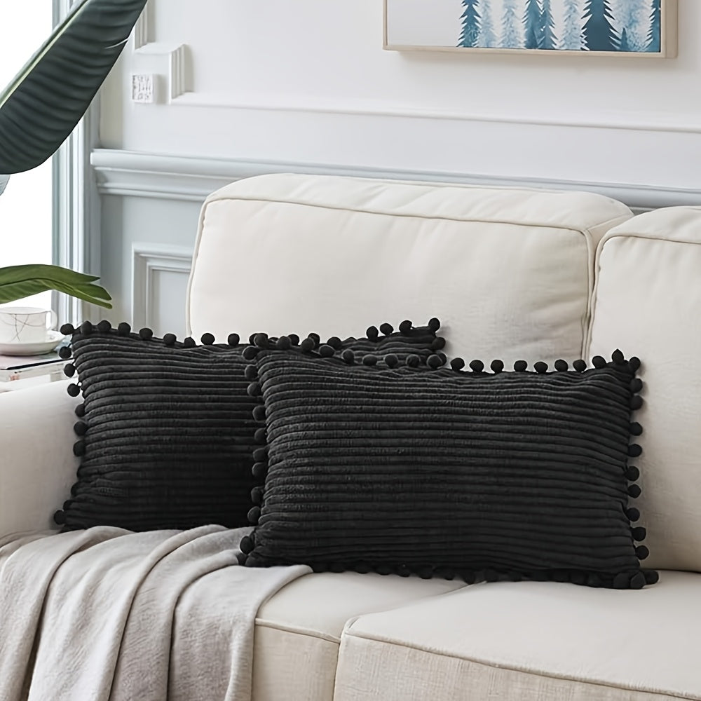 Pillow Covers With Pom Poms Set of 2 Decorative Throw Pillow Covers Measuring 14X24 Inches With Pom Poms, Suitable for Sofas And Bedrooms, Cottage Style, Soft Corduroy Rectangular Cushions Measuring 35X60 Cm