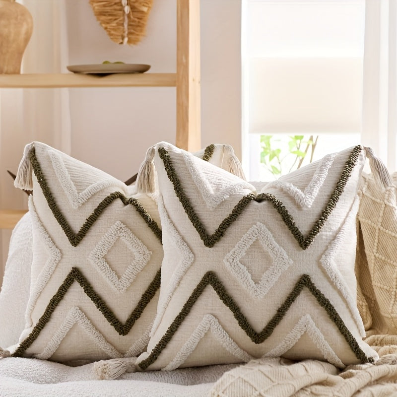 2pcs Bohemian Chunky Throw Pillows with Tassels - Beige & Golden Geometric Design, Zippered Polyester Cushions for Sofa, Bed, or Window Seat - Machine Washable, Decorative Pillows