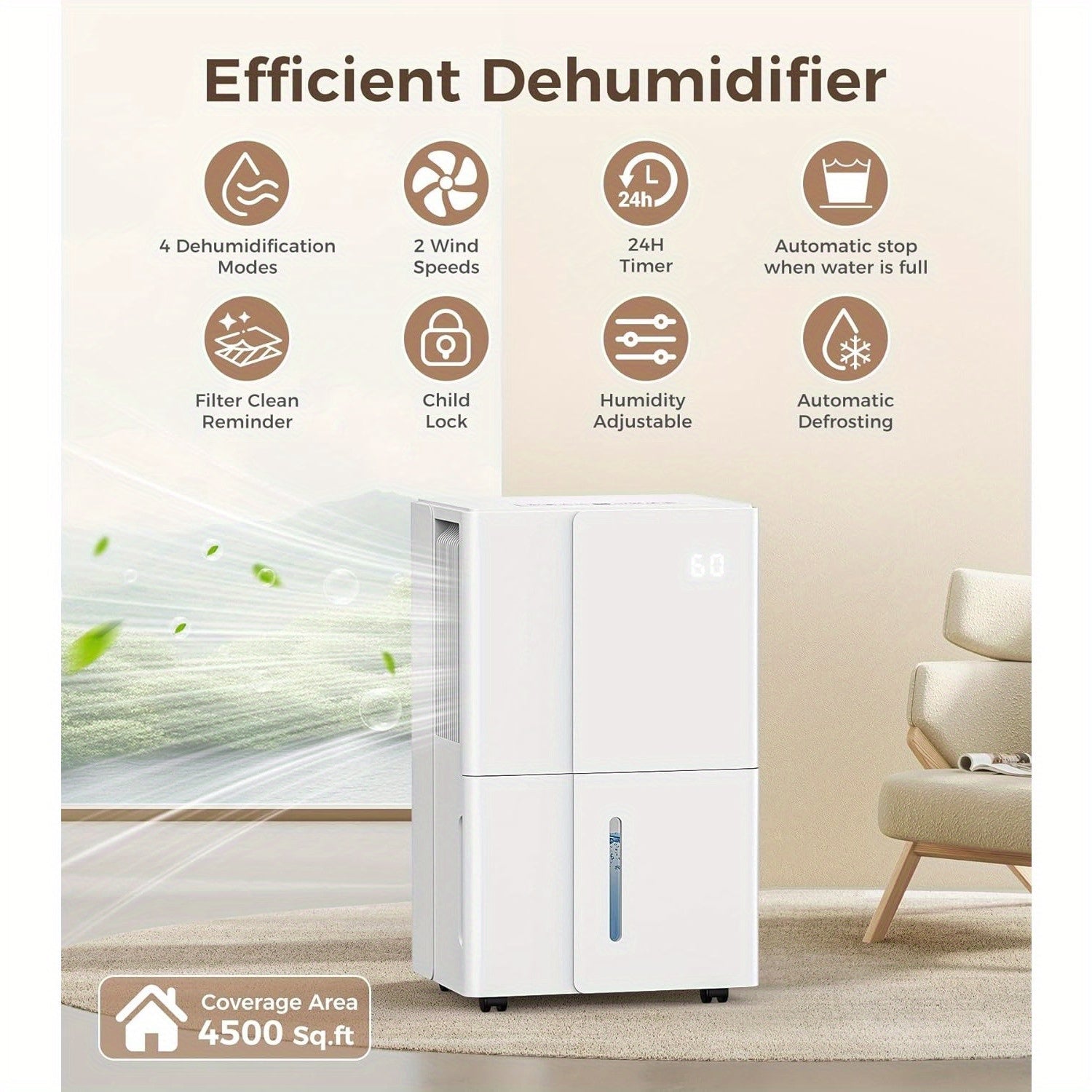 Dehumidifier Featuring Automatic Defrost, Capable of Extracting 50 to 80 Pints Per Day, Equipped with Three Colored LED Lights And a Digital Display, a 24-Hour Timer, And Three Operational Modes Suitable for Home, Basement, Or Large Spaces
