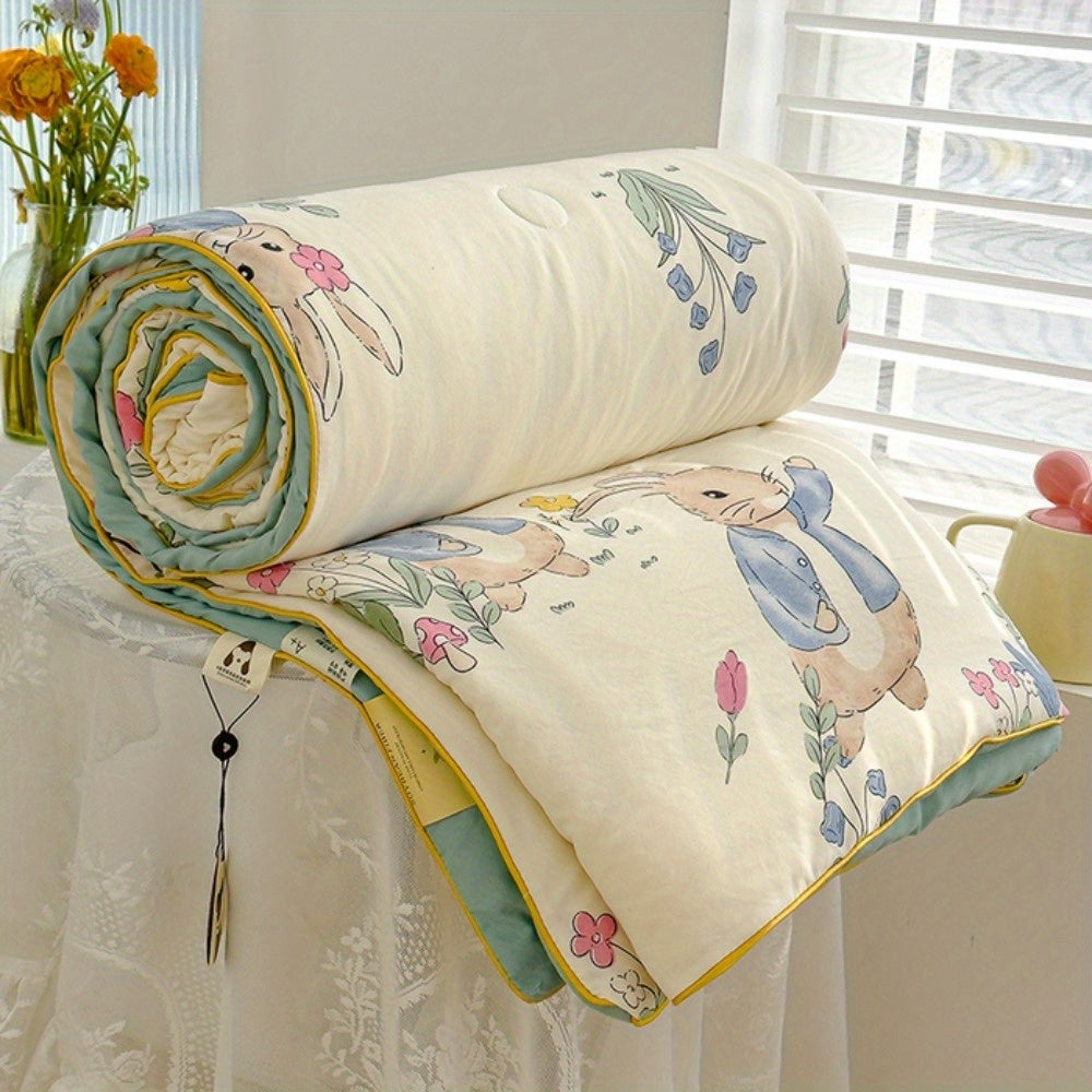 Lightweight Summer Quilt with a Cute Rabbit Pattern, Soft And Breathable, Featuring a Double-Sided Design, Suitable for All Seasons, And Machine Washable.
