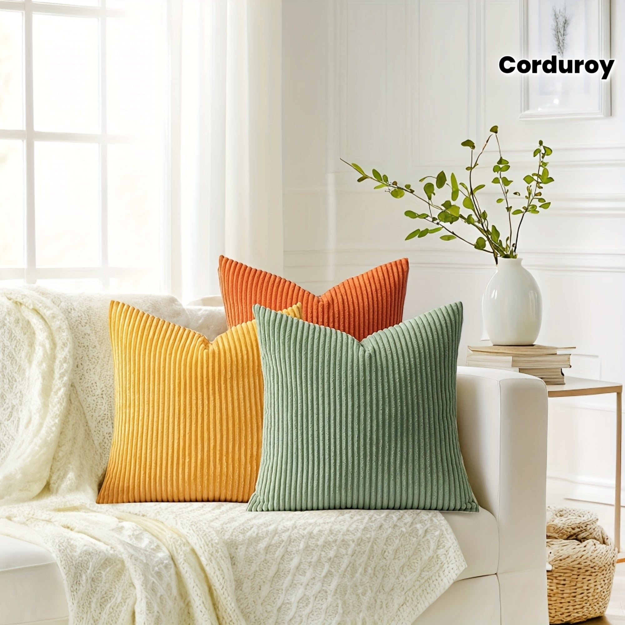Set of 3 Orange Corduroy Throw Pillow Covers with a French-Style Striped Design, Available in Sizes 12X20 Inches, 18X18 Inches, And 20X20 Inches. These Gradient Series Decorative Pillowcases Are Perfect for Your Couch, Sofa, Or Bedroom