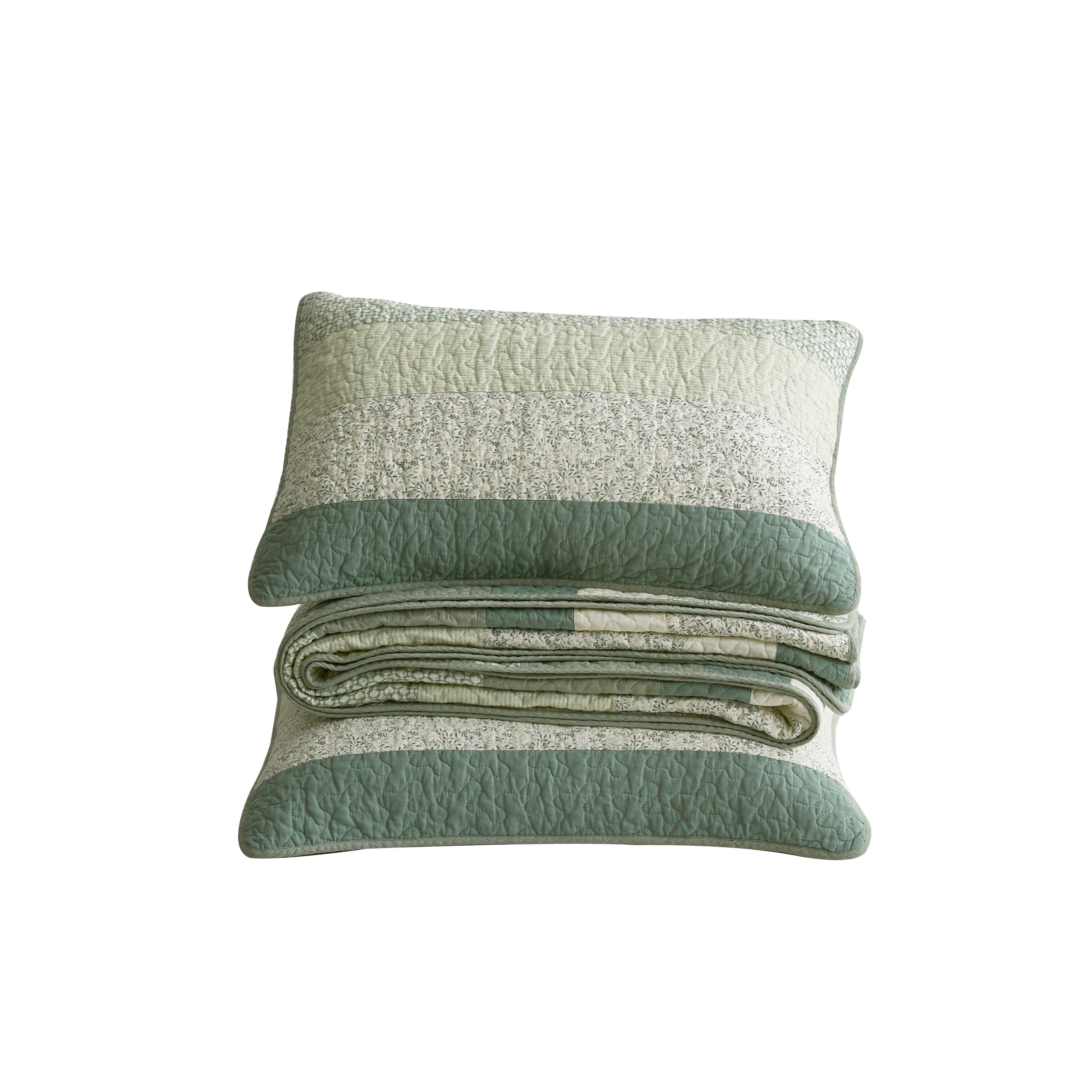 Chezmoi Collection Reed 2\u002F3-Piece Sage Green Floral Patchwork Stripe Cotton Quilt, Pre-Washed Reversible Lightweight Bedspread Set, Twin\u002FQueen\u002FKing\u002FOversized King\u002FSuper King Sizes - Holiday Bedding Gifts