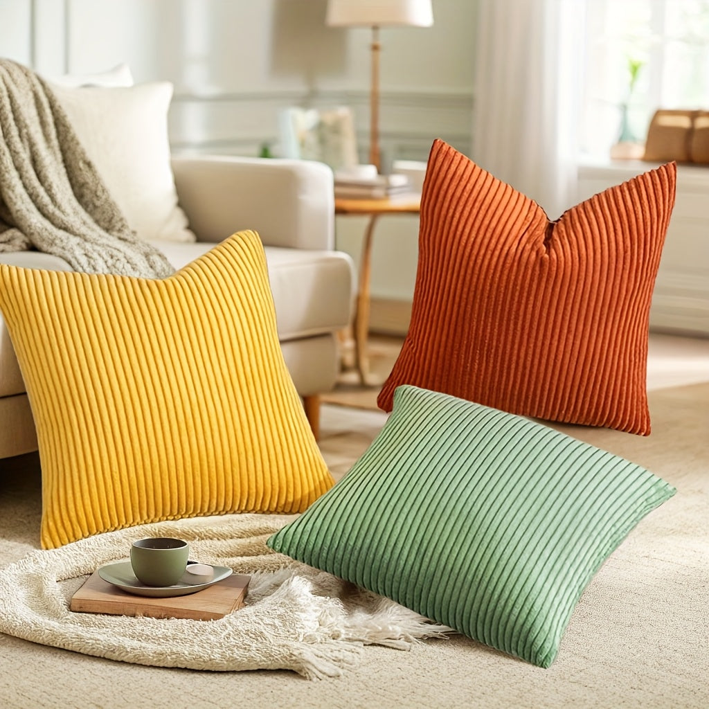 Set of 3 Orange Corduroy Throw Pillow Covers with a French-Style Striped Design, Available in Sizes 12X20 Inches, 18X18 Inches, And 20X20 Inches. These Gradient Series Decorative Pillowcases Are Perfect for Your Couch, Sofa, Or Bedroom