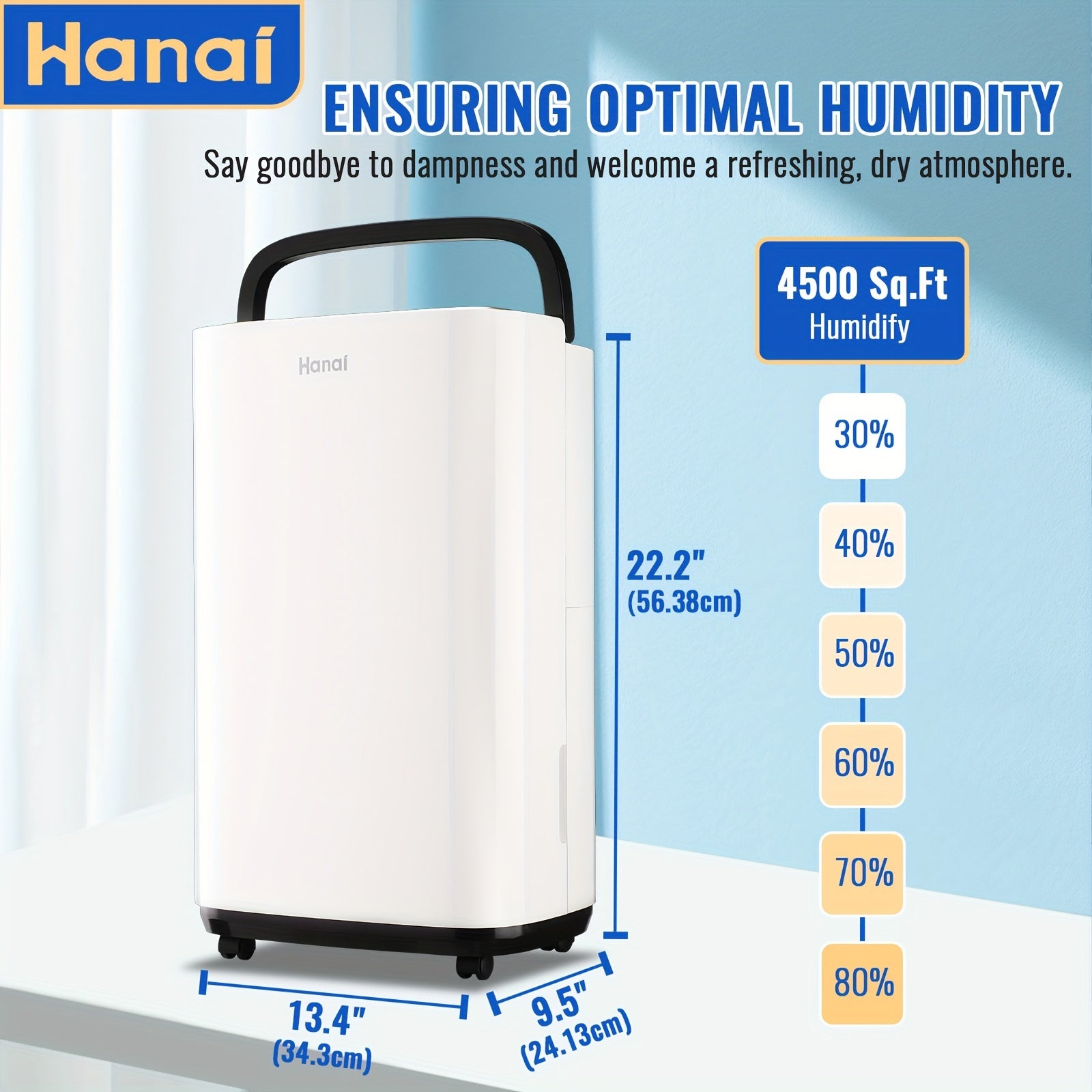 WANAI 50 Pins Dehumidifier Ideal for Bedrooms Bathrooms Basements Garages 4500 sq ft Quiet Dehumidifier High-efficiency Dehumidifier with Touch Panel, Multiple Mode Options, Universal Wheel White