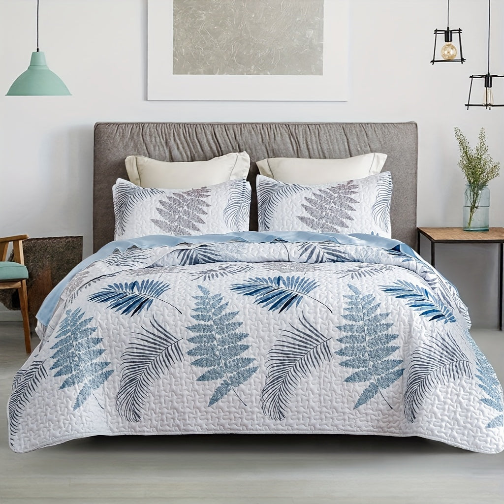 3pcs Bluish Grey Botanical Quilt Set Queen Size | Printed with Beige Leaves Pattern, All Season Lightweight Coverlet Sets, Polyester, Fabric, Quilting Craftsmanship