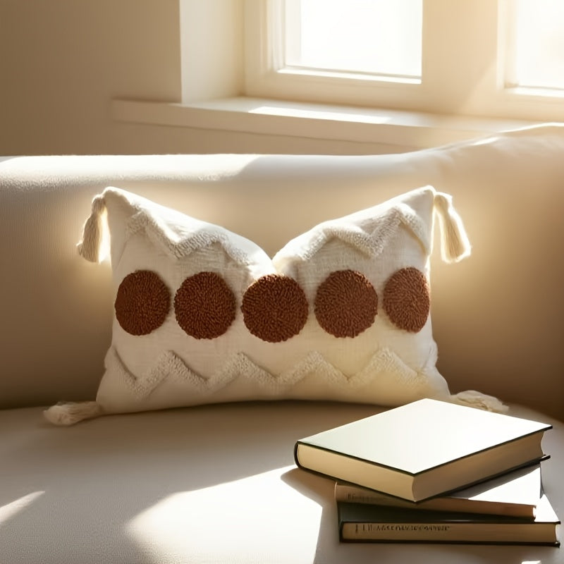 2pcs Bohemian Chunky Throw Pillows with Tassels - Beige & Golden Geometric Design, Zippered Polyester Cushions for Sofa, Bed, or Window Seat - Machine Washable, Decorative Pillows