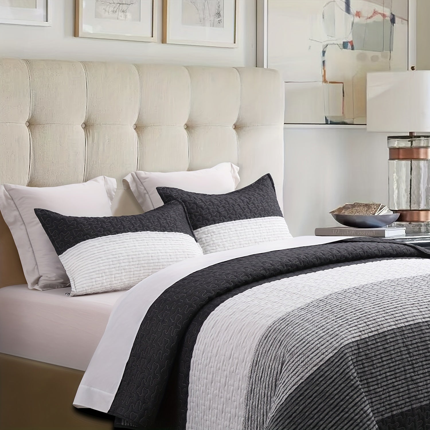 3pcs Bluish Grey Botanical Quilt Set Queen Size | Printed with Beige Leaves Pattern, All Season Lightweight Coverlet Sets, Polyester, Fabric, Quilting Craftsmanship