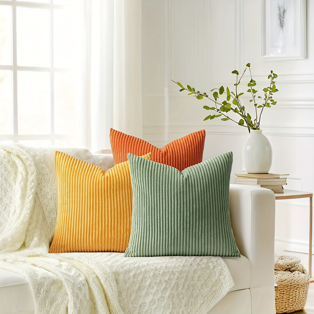 Set of 3 Orange Corduroy Throw Pillow Covers with a French-Style Striped Design, Available in Sizes 12X20 Inches, 18X18 Inches, And 20X20 Inches. These Gradient Series Decorative Pillowcases Are Perfect for Your Couch, Sofa, Or Bedroom