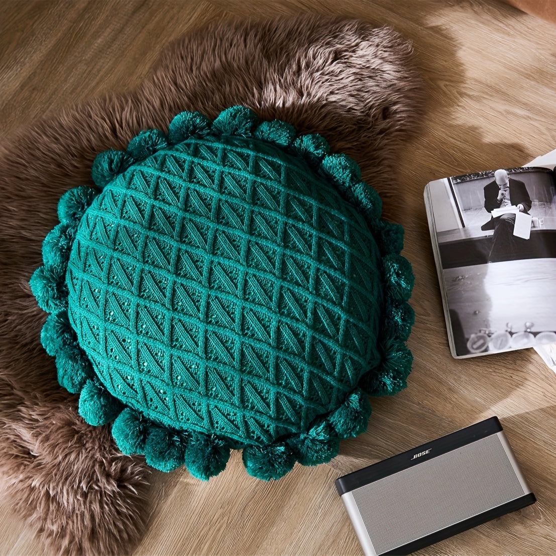 1pc Art Deco Style Handmade Ball Accent Knit Throw Pillow, Acrylic 100% Cover, Polyester 100% Filling, Zipper Closure, Machine Washable, Multipurpose Decorative Cushion for Living Room, Bedroom, Study - Space Theme, All-Season Use