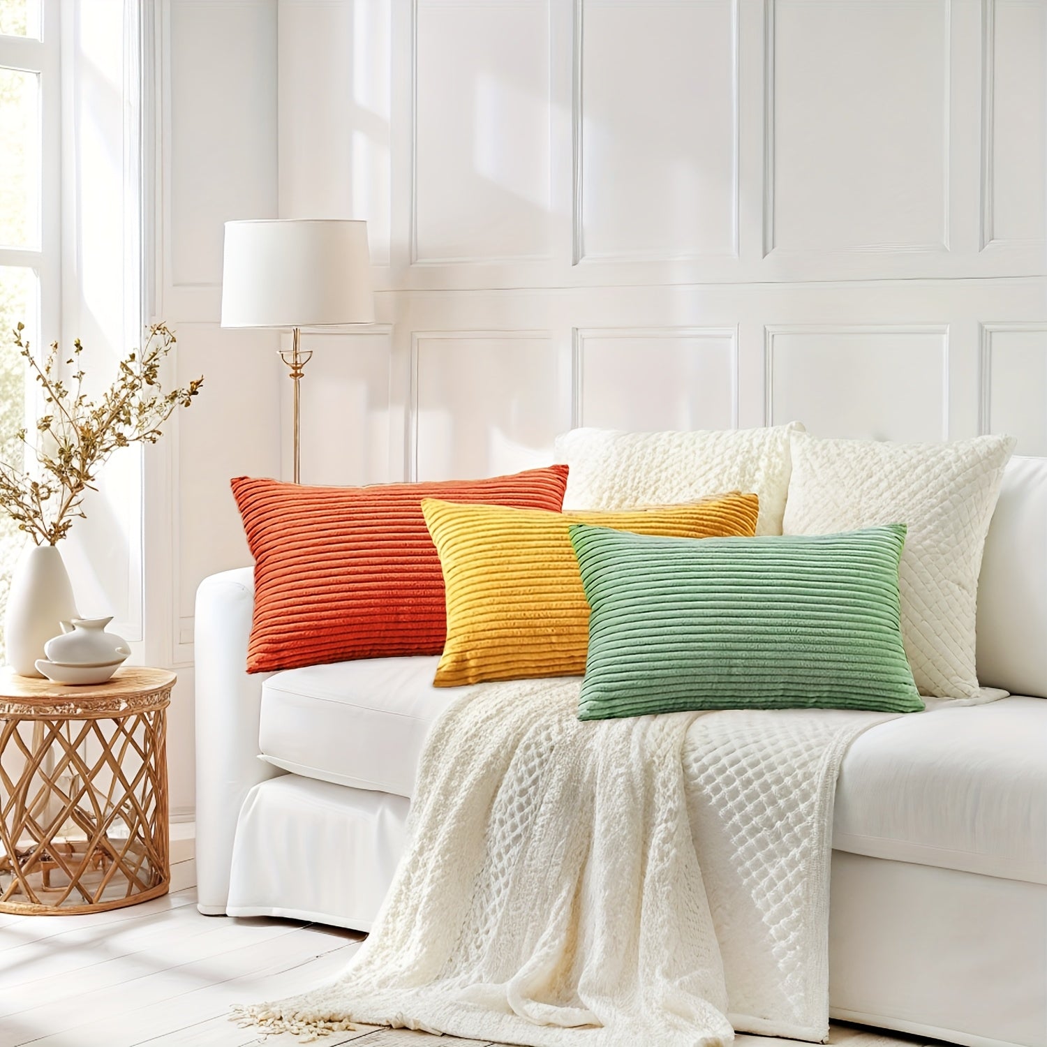 Set of 3 Orange Corduroy Throw Pillow Covers with a French-Style Striped Design, Available in Sizes 12X20 Inches, 18X18 Inches, And 20X20 Inches. These Gradient Series Decorative Pillowcases Are Perfect for Your Couch, Sofa, Or Bedroom