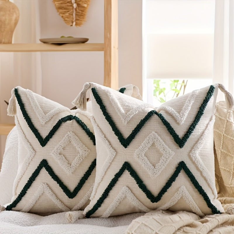 2pcs Bohemian Chunky Throw Pillows with Tassels - Beige & Golden Geometric Design, Zippered Polyester Cushions for Sofa, Bed, or Window Seat - Machine Washable, Decorative Pillows