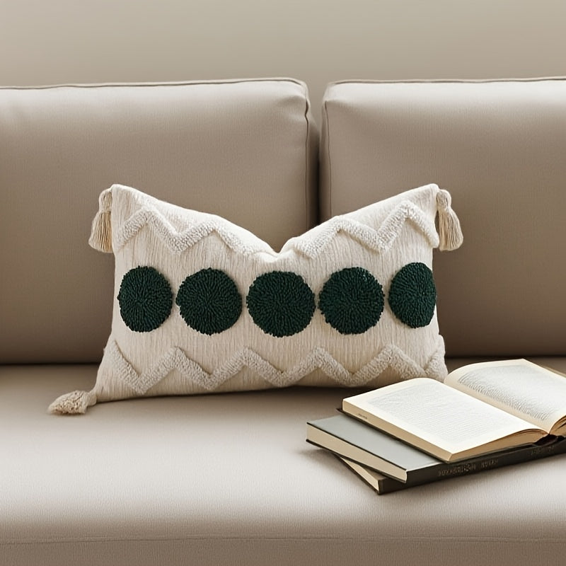 2pcs Bohemian Chunky Throw Pillows with Tassels - Beige & Golden Geometric Design, Zippered Polyester Cushions for Sofa, Bed, or Window Seat - Machine Washable, Decorative Pillows