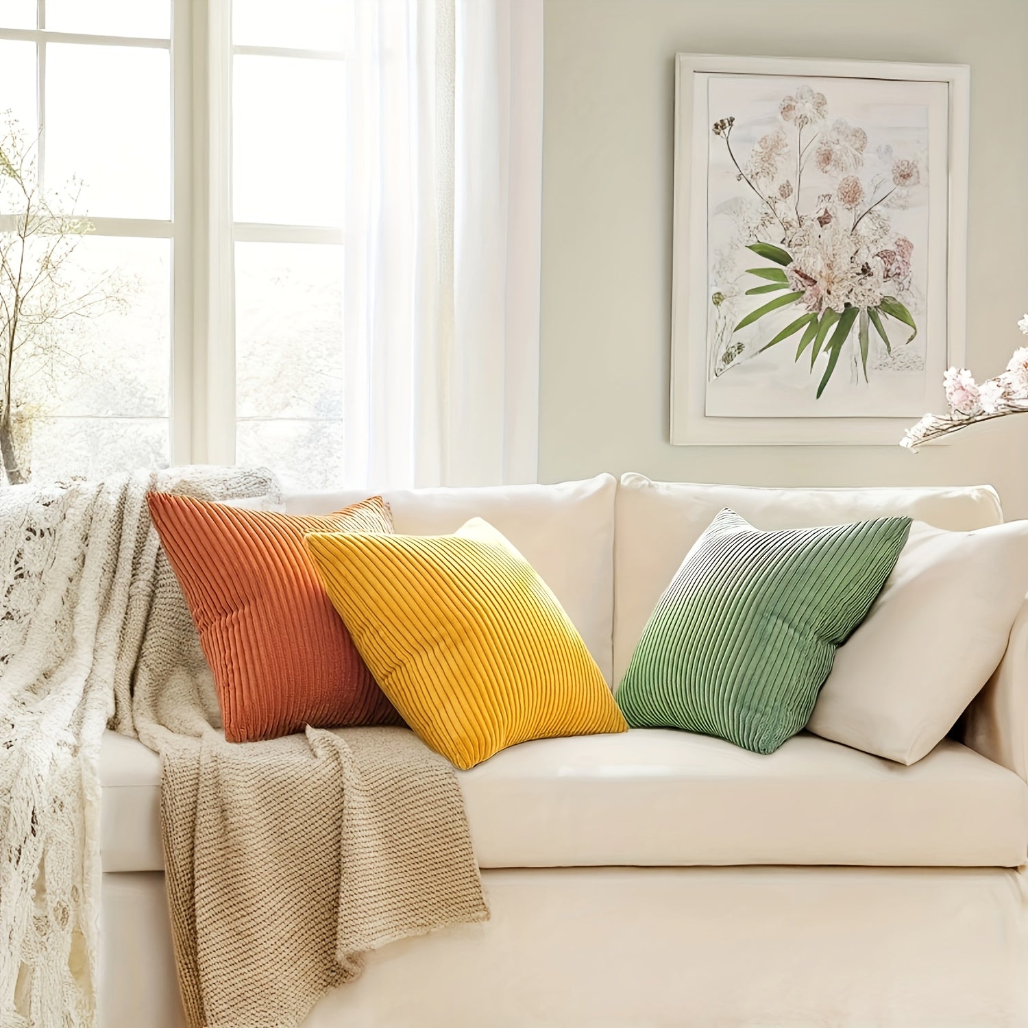 Set of 3 Orange Corduroy Throw Pillow Covers with a French-Style Striped Design, Available in Sizes 12X20 Inches, 18X18 Inches, And 20X20 Inches. These Gradient Series Decorative Pillowcases Are Perfect for Your Couch, Sofa, Or Bedroom