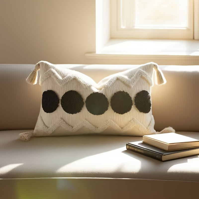 2pcs Bohemian Chunky Throw Pillows with Tassels - Beige & Golden Geometric Design, Zippered Polyester Cushions for Sofa, Bed, or Window Seat - Machine Washable, Decorative Pillows