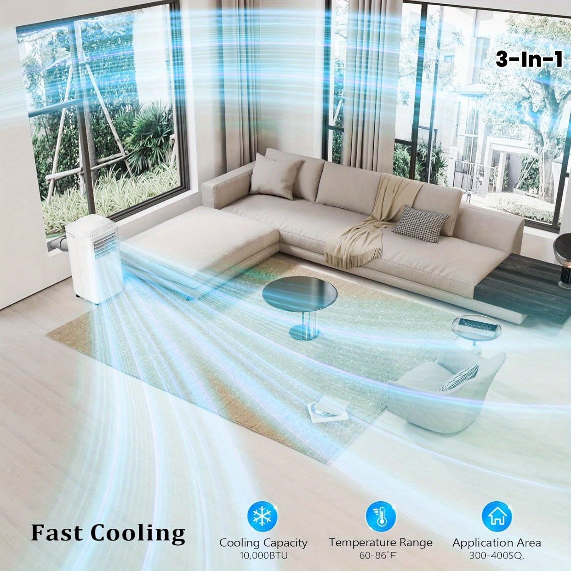 Smart 8000\u002F9000\u002F10000 BTU Portable Air Conditioner, 3-in-1 Cooler, Dehumidifier & Fan with Rolling Wheels and Mounting Kit - Indoor Mobile AC Unit, Room Cooling, Spacesaving Design, Compact Design, Sturdy Build, Highperformance Unit