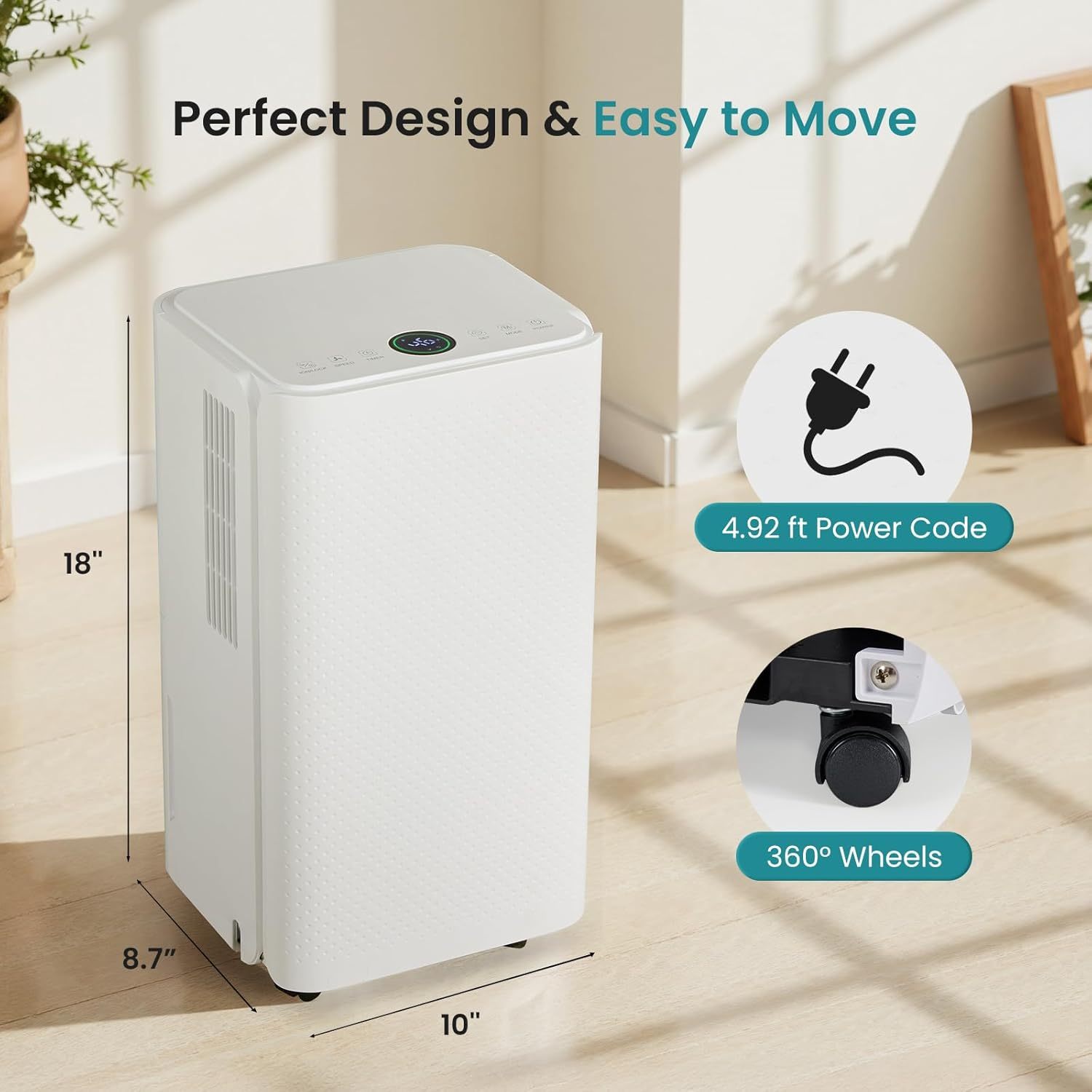 Dehumidifier, 68OZ (323 sq. ft)\u002F152OZ (1500 sq. ft)\u002F169OZ (1800 sq. ft) Water Tank, with Humidity Display, Auto Shut Off, Relaxing 7 Color Ambient Light, Quiet with Auto Swing, Ideal for Bedroom, Basement, Whole House