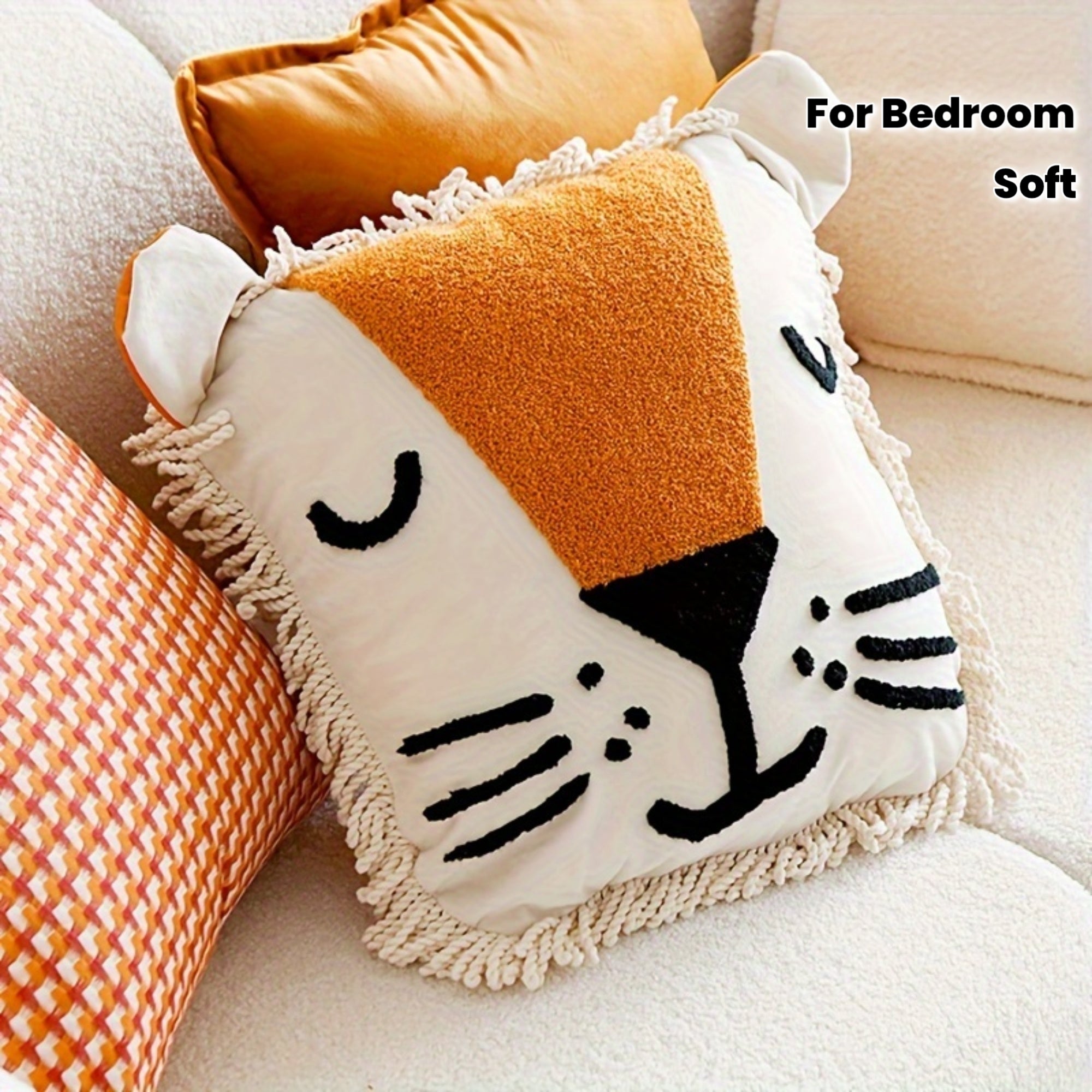 1pc Adorable Lion Head Plush Pillow with Orange Velvet & Tassel, Embroidered Patchwork Design - Soft, Removable Cover, Ideal for Holiday Party Gifts, Sofa & Bedroom Decor, Lion Wall Decor