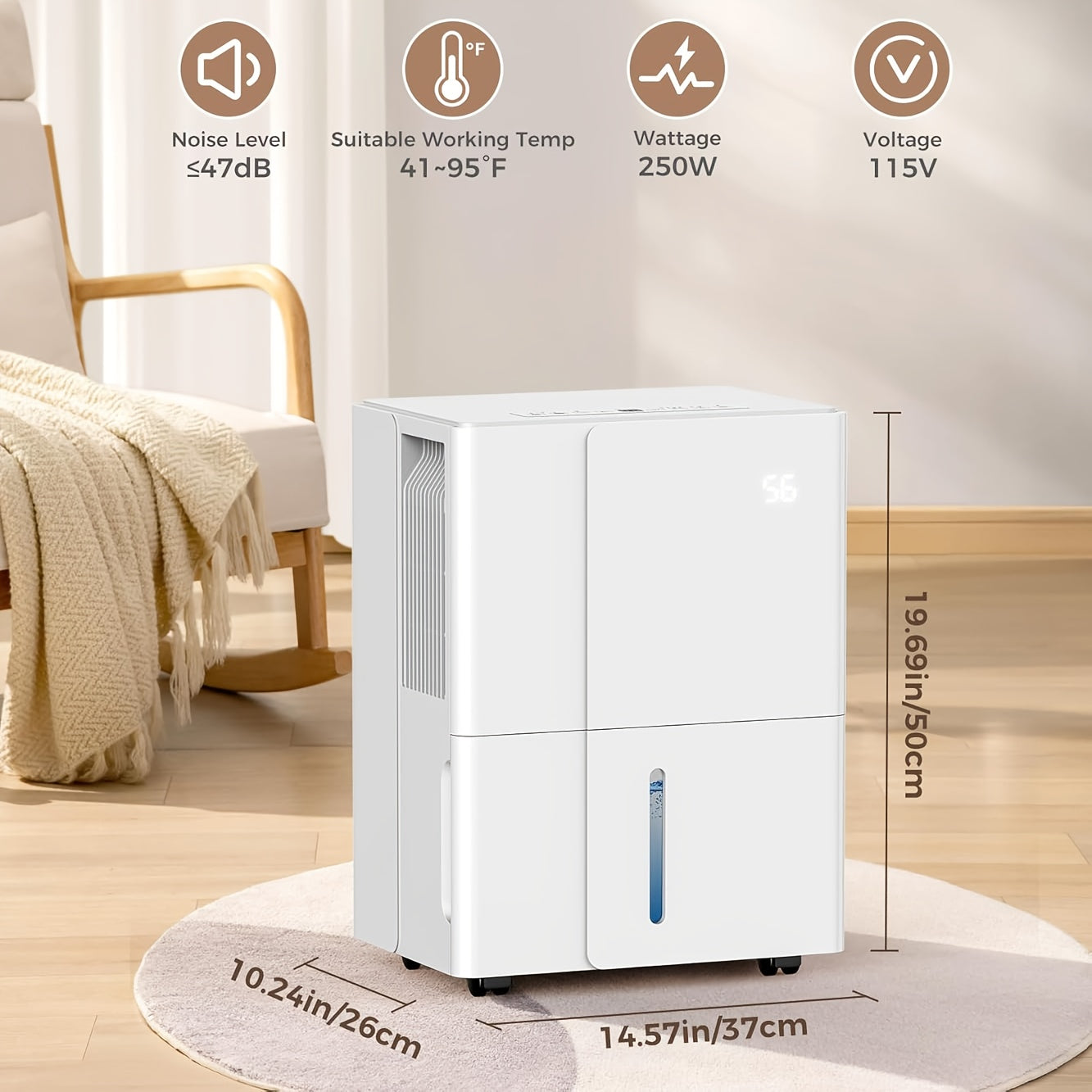 Dehumidifier Featuring Automatic Defrost, Capable of Extracting 50 to 80 Pints Per Day, Equipped with Three Colored LED Lights And a Digital Display, a 24-Hour Timer, And Three Operational Modes Suitable for Home, Basement, Or Large Spaces