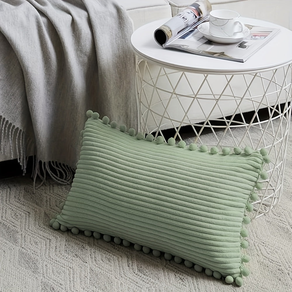Pillow Covers With Pom Poms Set of 2 Decorative Throw Pillow Covers Measuring 14X24 Inches With Pom Poms, Suitable for Sofas And Bedrooms, Cottage Style, Soft Corduroy Rectangular Cushions Measuring 35X60 Cm