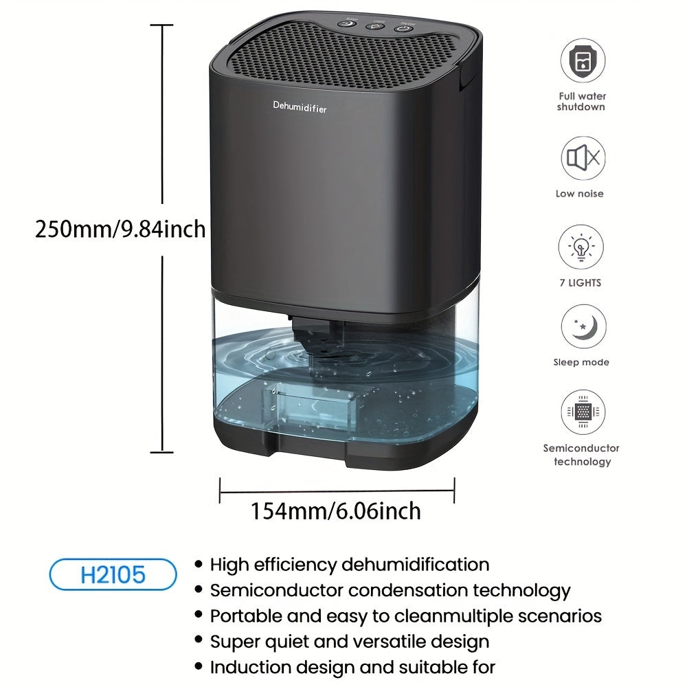 Portable Silent Dehumidifier | Effectively Removes Moisture, Seven Color Night Light, Compact Design, Suitable for Living Rooms, Bedrooms, Basements, 0.26-2.64gal Capacity, 110V-130V Power Supply