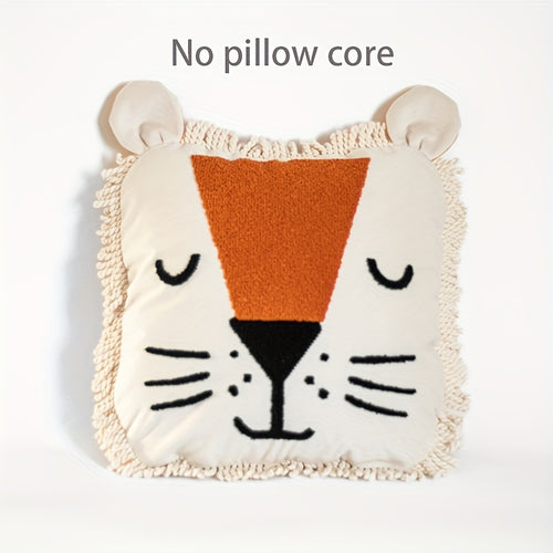 1pc Adorable Lion Head Plush Pillow with Orange Velvet & Tassel, Embroidered Patchwork Design - Soft, Removable Cover, Ideal for Holiday Party Gifts, Sofa & Bedroom Decor, Lion Wall Decor