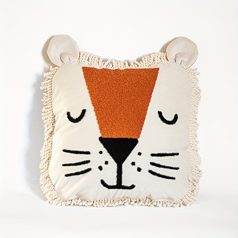 1pc Adorable Lion Head Plush Pillow with Orange Velvet & Tassel, Embroidered Patchwork Design - Soft, Removable Cover, Ideal for Holiday Party Gifts, Sofa & Bedroom Decor, Lion Wall Decor