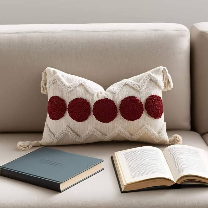 2pcs Bohemian Chunky Throw Pillows with Tassels - Beige & Golden Geometric Design, Zippered Polyester Cushions for Sofa, Bed, or Window Seat - Machine Washable, Decorative Pillows