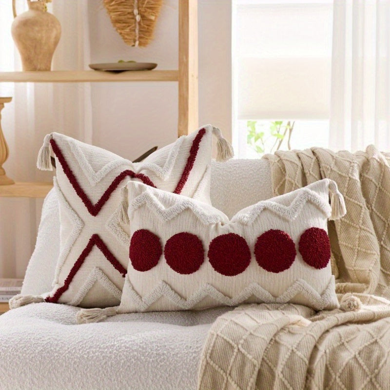 2pcs Bohemian Chunky Throw Pillows with Tassels - Beige & Golden Geometric Design, Zippered Polyester Cushions for Sofa, Bed, or Window Seat - Machine Washable, Decorative Pillows