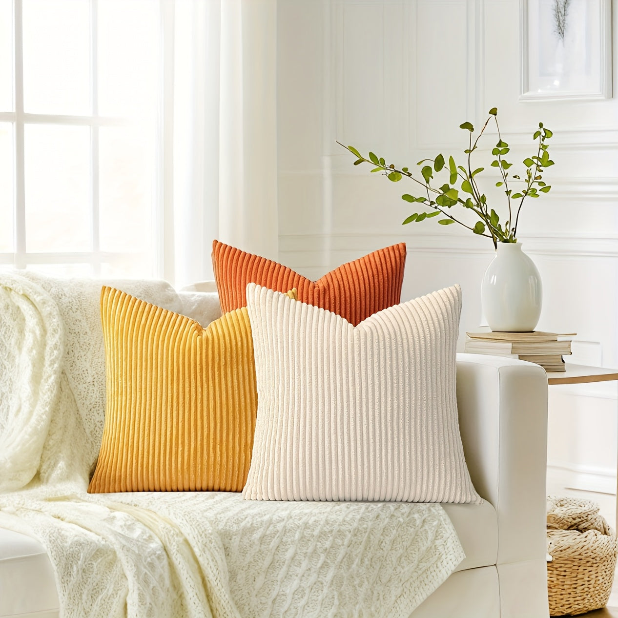 Set of 3 Orange Corduroy Throw Pillow Covers with a French-Style Striped Design, Available in Sizes 12X20 Inches, 18X18 Inches, And 20X20 Inches. These Gradient Series Decorative Pillowcases Are Perfect for Your Couch, Sofa, Or Bedroom