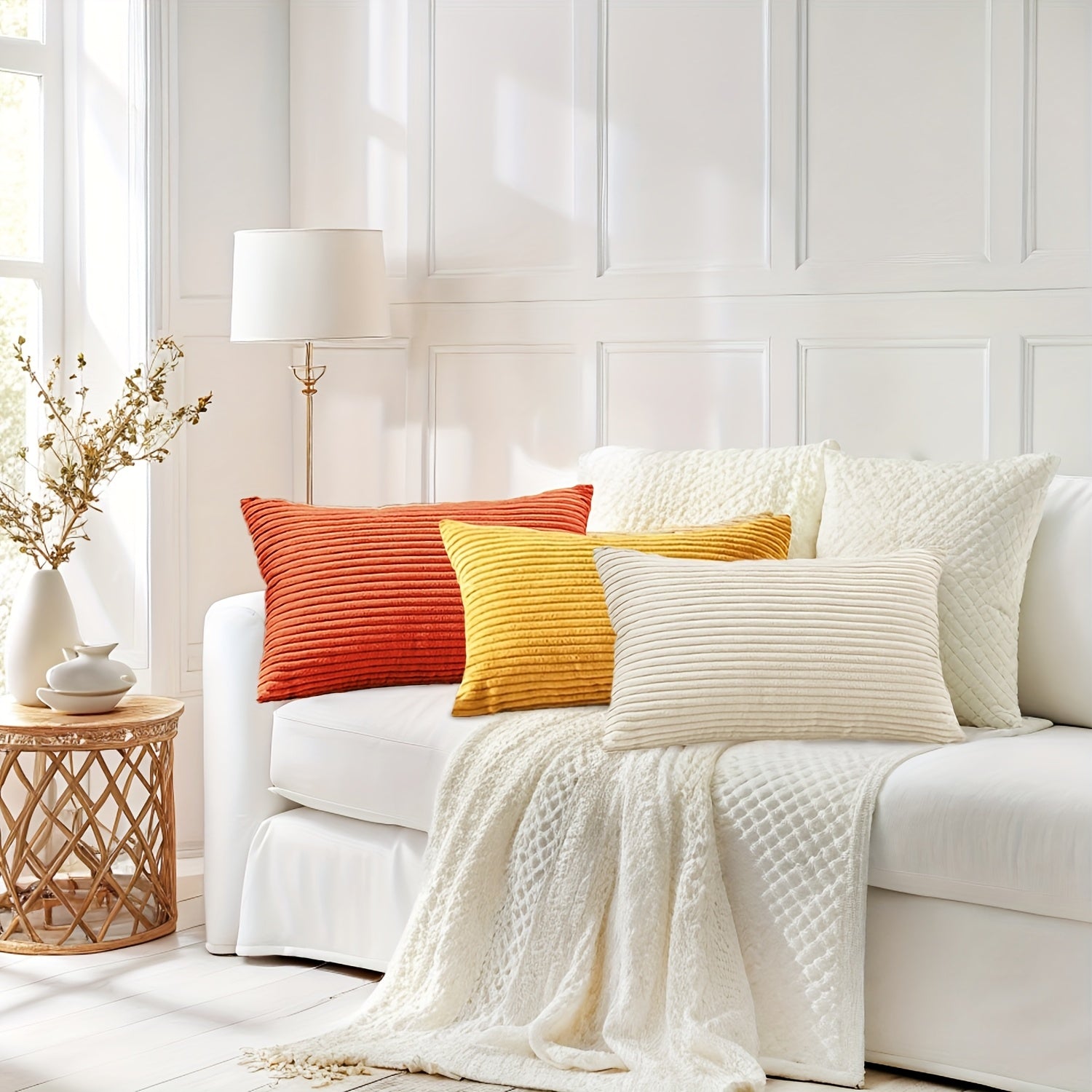 Set of 3 Orange Corduroy Throw Pillow Covers with a French-Style Striped Design, Available in Sizes 12X20 Inches, 18X18 Inches, And 20X20 Inches. These Gradient Series Decorative Pillowcases Are Perfect for Your Couch, Sofa, Or Bedroom