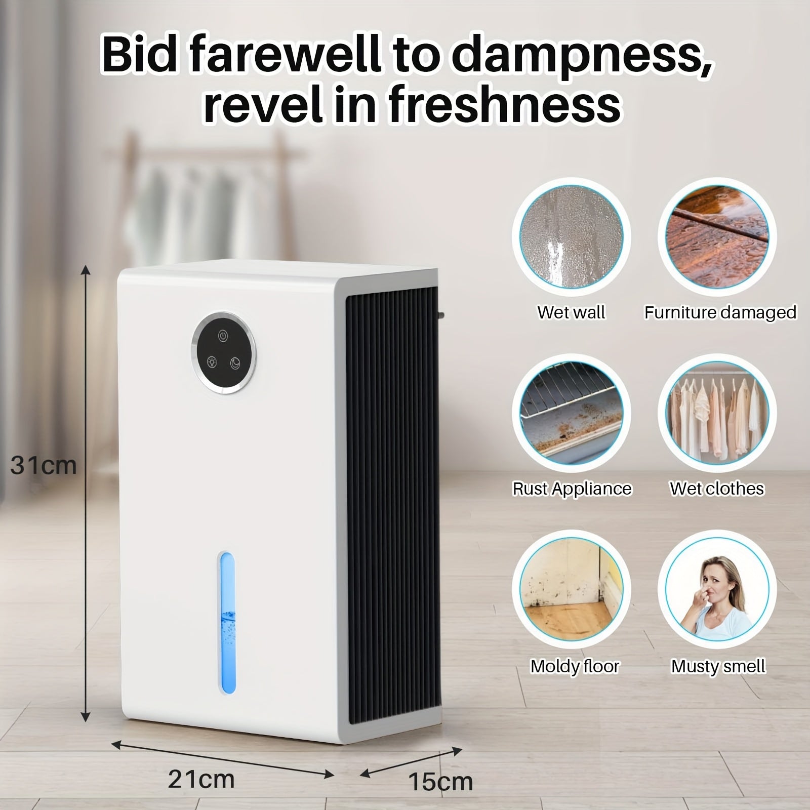Portable Dehumidifier with an 88Oz Water Tank, Suitable for Bedrooms And Covering Up to 1000 Sq. Ft. It Operates Quietly And Efficiently Manages Moisture in Homes, Bathrooms, Basements, Rvs, And Closets. Features Include 7 LED Light Colors