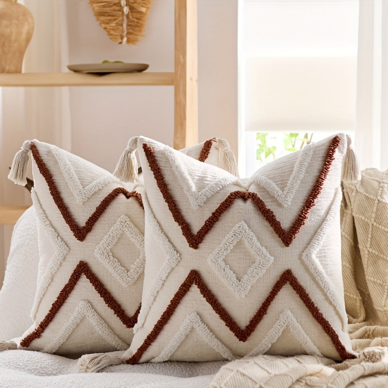 2pcs Bohemian Chunky Throw Pillows with Tassels - Beige & Golden Geometric Design, Zippered Polyester Cushions for Sofa, Bed, or Window Seat - Machine Washable, Decorative Pillows