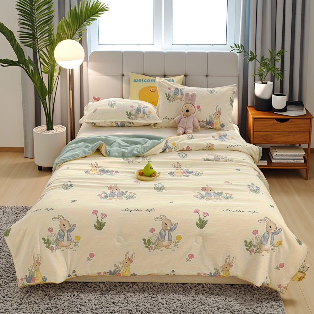 Lightweight Summer Quilt with a Cute Rabbit Pattern, Soft And Breathable, Featuring a Double-Sided Design, Suitable for All Seasons, And Machine Washable.
