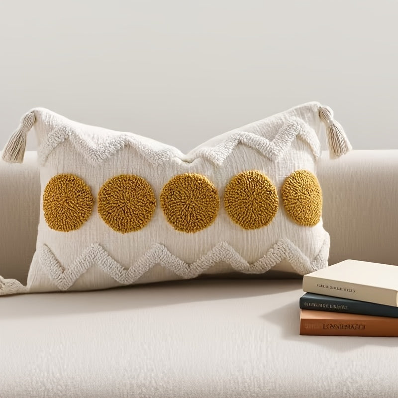 2pcs Bohemian Chunky Throw Pillows with Tassels - Beige & Golden Geometric Design, Zippered Polyester Cushions for Sofa, Bed, or Window Seat - Machine Washable, Decorative Pillows