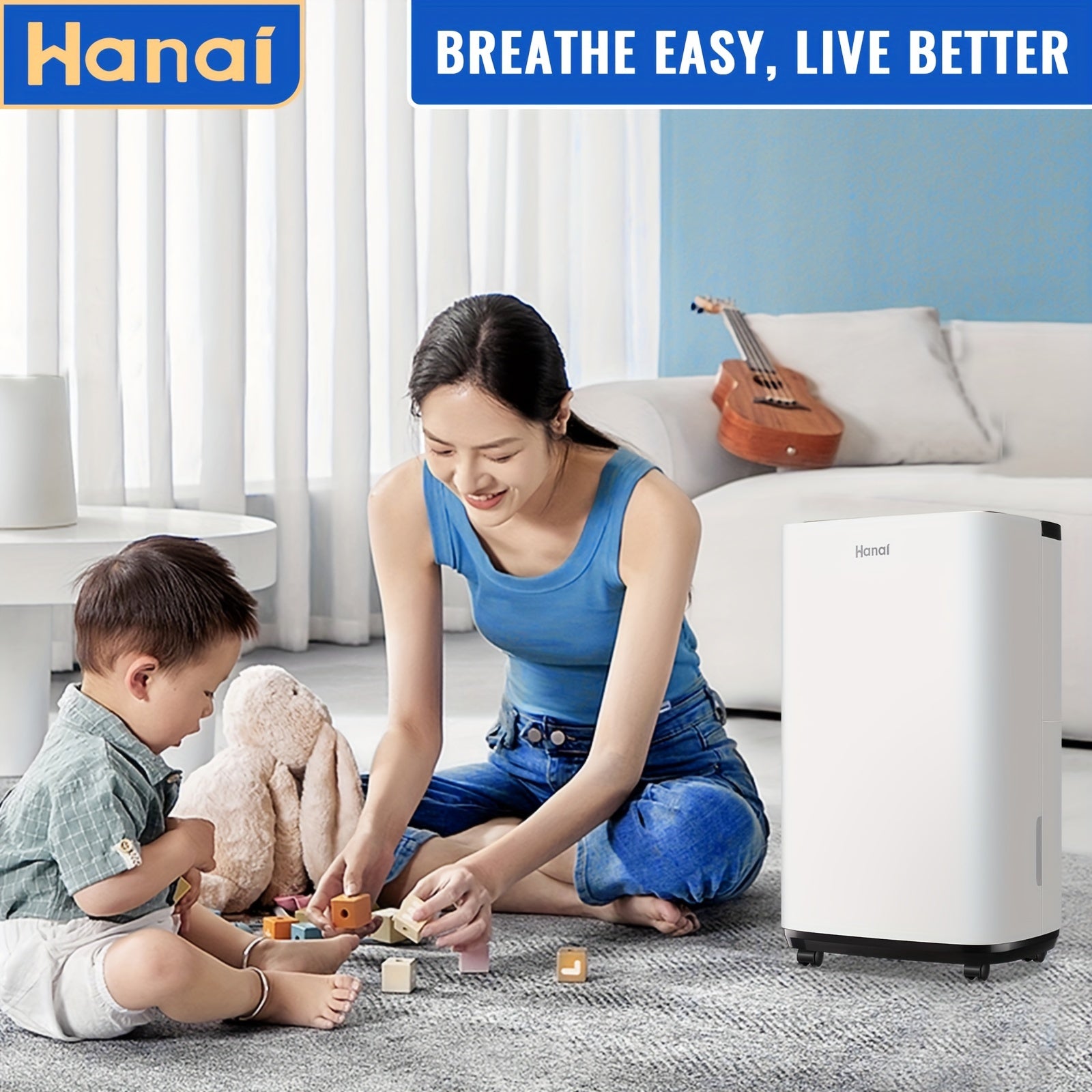 WANAI 50 Pins Dehumidifier Ideal for Bedrooms Bathrooms Basements Garages 4500 sq ft Quiet Dehumidifier High-efficiency Dehumidifier with Touch Panel, Multiple Mode Options, Universal Wheel White