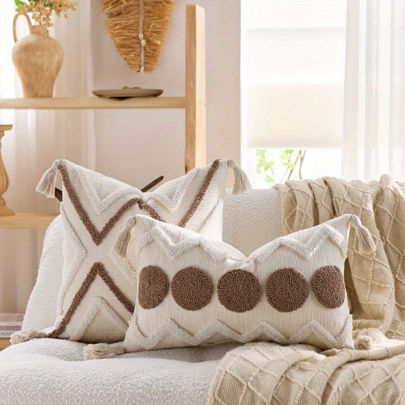 2pcs Bohemian Chunky Throw Pillows with Tassels - Beige & Golden Geometric Design, Zippered Polyester Cushions for Sofa, Bed, or Window Seat - Machine Washable, Decorative Pillows