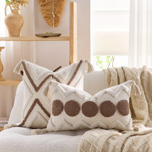 2pcs Bohemian Chunky Throw Pillows with Tassels - Beige & Golden Geometric Design, Zippered Polyester Cushions for Sofa, Bed, or Window Seat - Machine Washable, Decorative Pillows