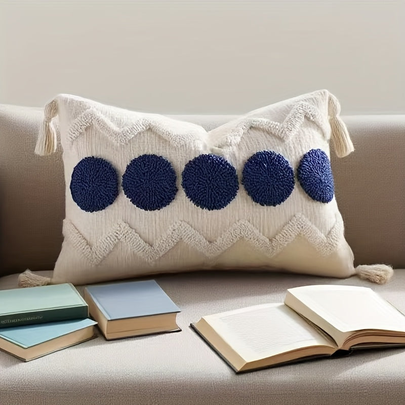 2pcs Bohemian Chunky Throw Pillows with Tassels - Beige & Golden Geometric Design, Zippered Polyester Cushions for Sofa, Bed, or Window Seat - Machine Washable, Decorative Pillows