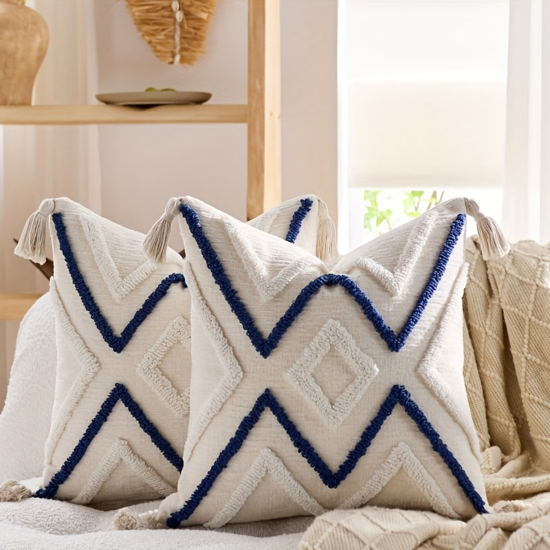 2pcs Bohemian Chunky Throw Pillows with Tassels - Beige & Golden Geometric Design, Zippered Polyester Cushions for Sofa, Bed, or Window Seat - Machine Washable, Decorative Pillows