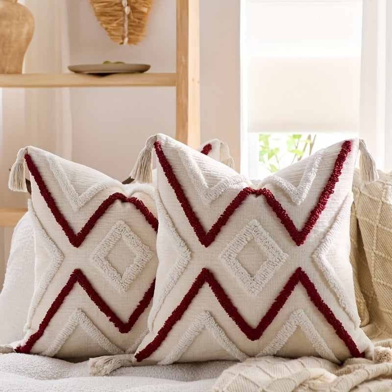 2pcs Bohemian Chunky Throw Pillows with Tassels - Beige & Golden Geometric Design, Zippered Polyester Cushions for Sofa, Bed, or Window Seat - Machine Washable, Decorative Pillows