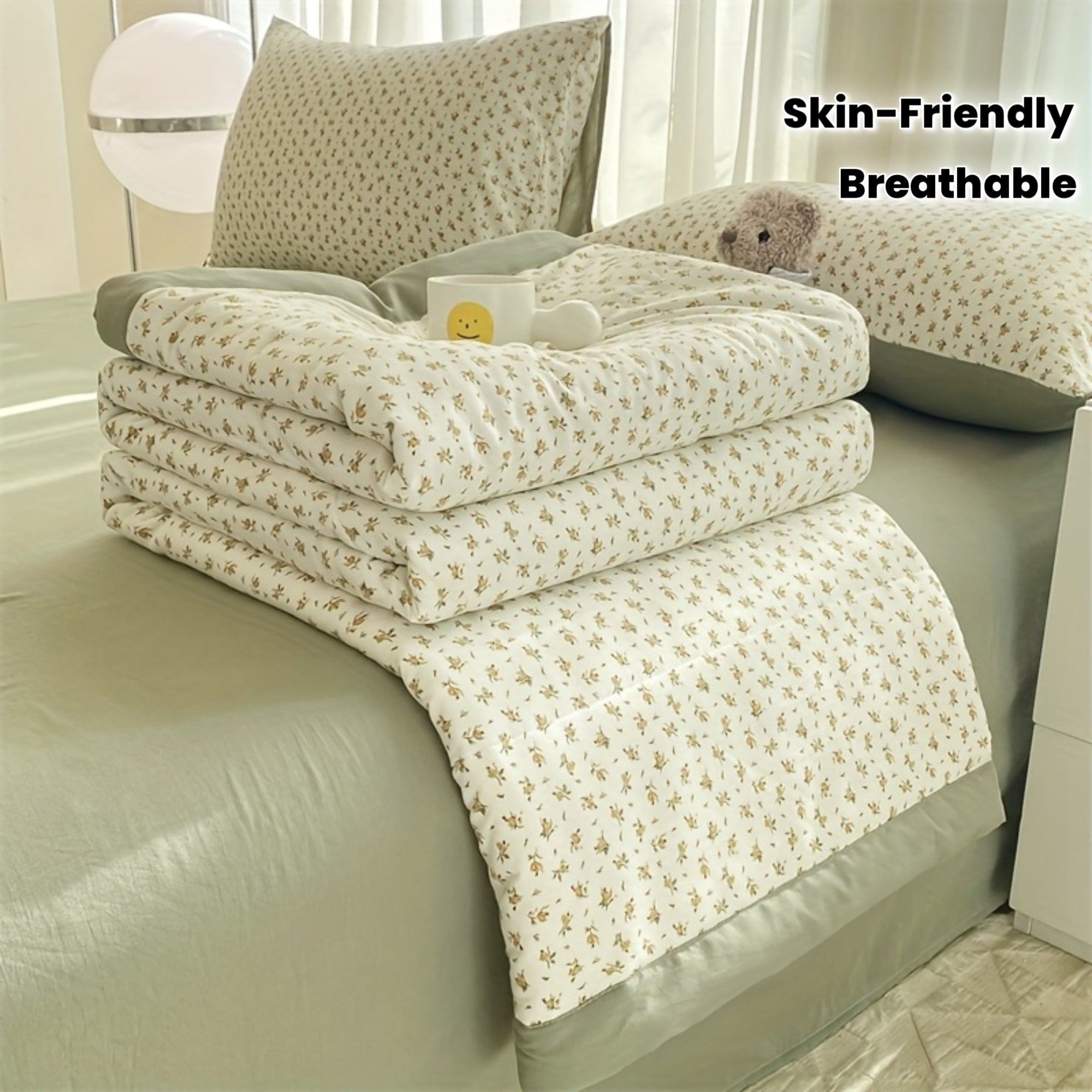 New Printed Summer Quilt with a Double-Layer Gauze Floral Pattern, Lightweight And Comfortable for Summer. Soft, Breathable, And Skin-Friendly, Suitable for Use in Bedrooms, Dorms, Guest Rooms, And on Sofas. (Single Lightweight Quilt