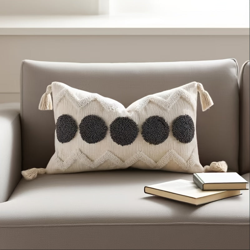 2pcs Bohemian Chunky Throw Pillows with Tassels - Beige & Golden Geometric Design, Zippered Polyester Cushions for Sofa, Bed, or Window Seat - Machine Washable, Decorative Pillows