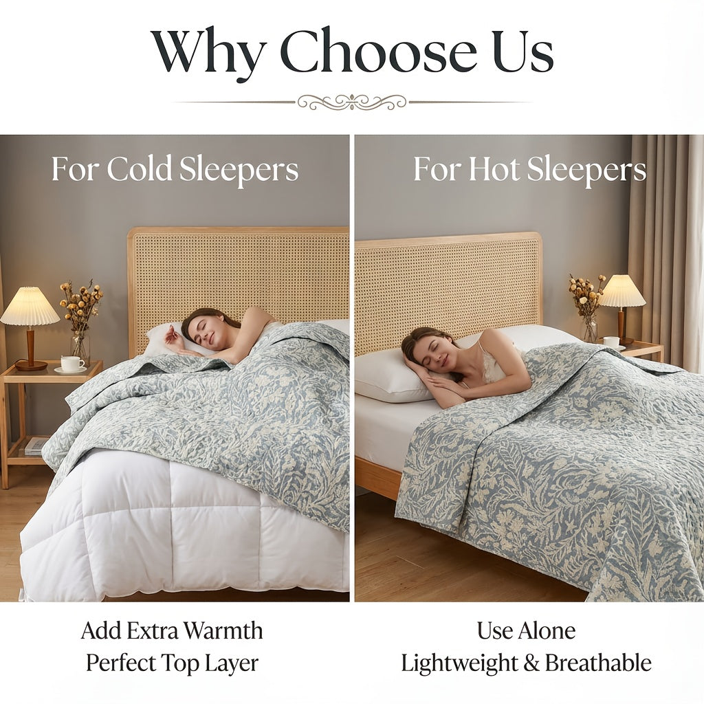 3pcs Bluish Grey Botanical Quilt Set Queen Size | Printed with Beige Leaves Pattern, All Season Lightweight Coverlet Sets, Polyester, Fabric, Quilting Craftsmanship