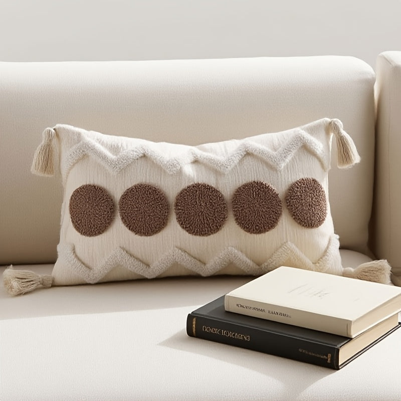 2pcs Bohemian Chunky Throw Pillows with Tassels - Beige & Golden Geometric Design, Zippered Polyester Cushions for Sofa, Bed, or Window Seat - Machine Washable, Decorative Pillows