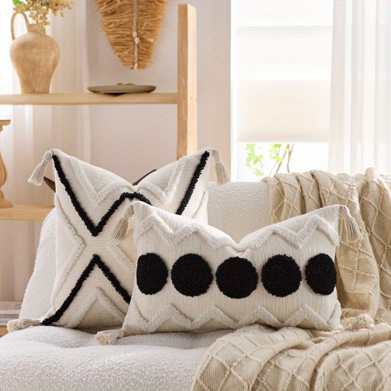 2pcs Bohemian Chunky Throw Pillows with Tassels - Beige & Golden Geometric Design, Zippered Polyester Cushions for Sofa, Bed, or Window Seat - Machine Washable, Decorative Pillows