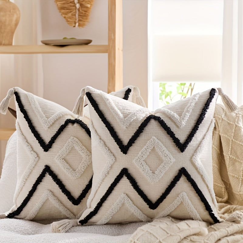 2pcs Bohemian Chunky Throw Pillows with Tassels - Beige & Golden Geometric Design, Zippered Polyester Cushions for Sofa, Bed, or Window Seat - Machine Washable, Decorative Pillows